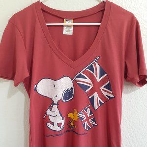 WOMENS Peanuts Snoopy Woodstock British UK Union Flag V-Neck Shirt (M)